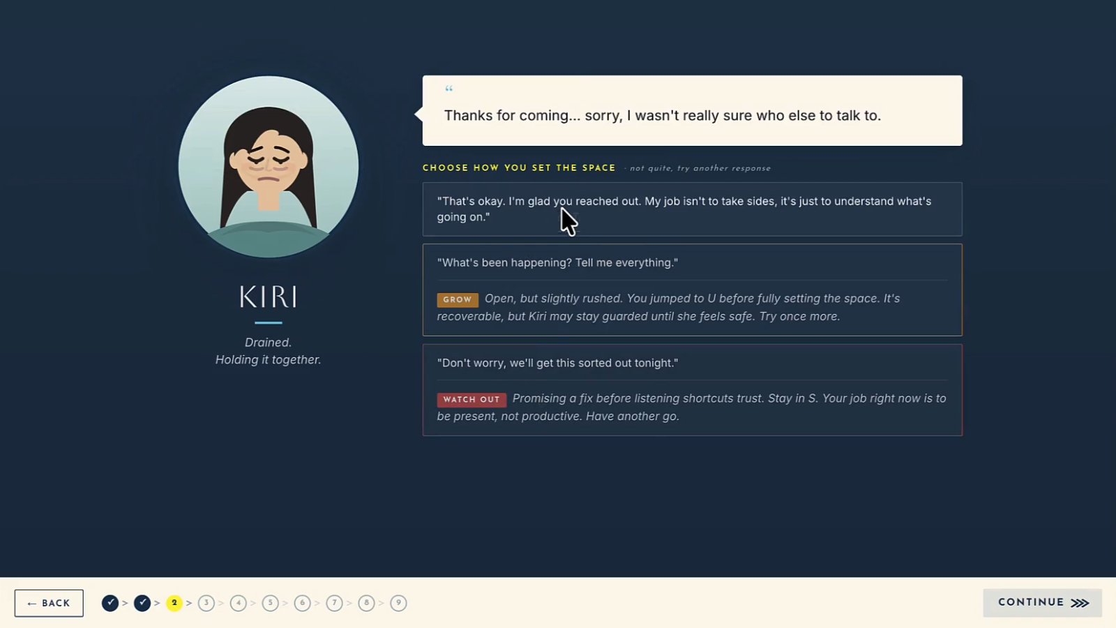 Original Iteration 1 dialogue — Kiri and a wall of narrative